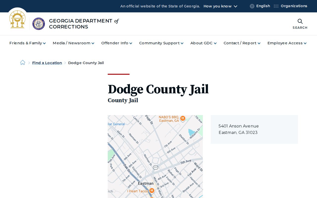 Official Georgia directory entry for Dodge County Jail