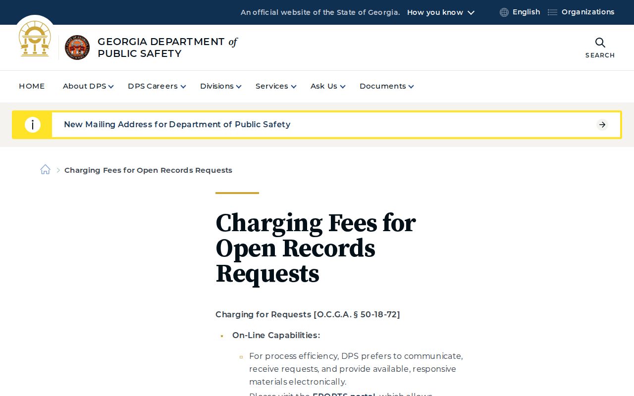 Georgia Department of Public Safety open records fee guidance