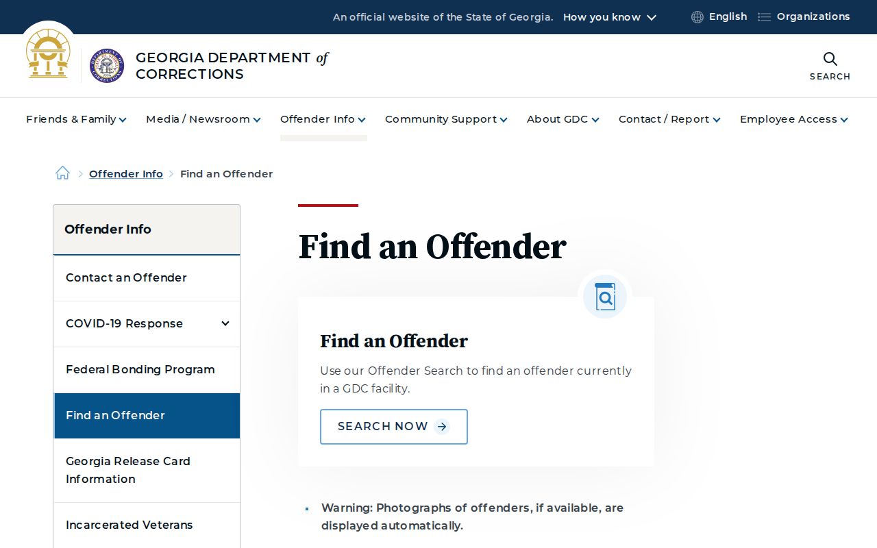 Georgia Department of Corrections Offender Search interface and disclaimer
