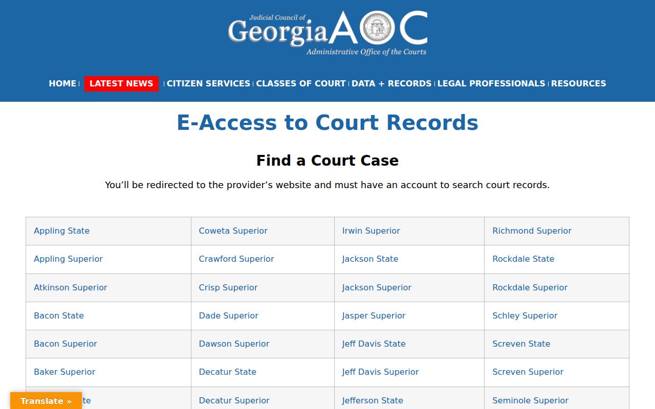 Georgia Courts E-Access listing for Dodge Superior Court