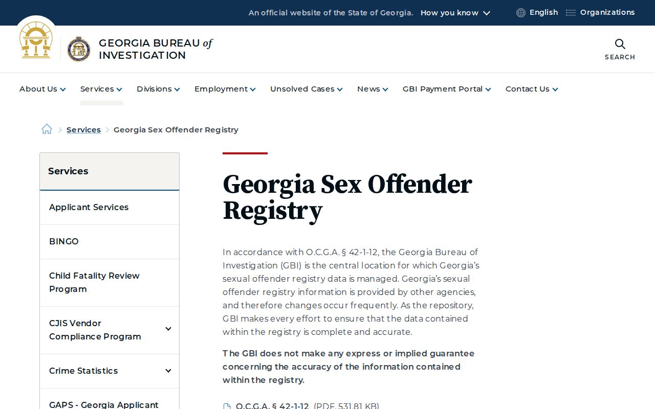 Dodge County sex offender lookup on the GBI registry landing page